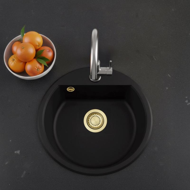 GraniteMy Bremen round granite sink 43 cm black, surface-mounted and under-mounted, with faucet hole and gold plug 1208971841