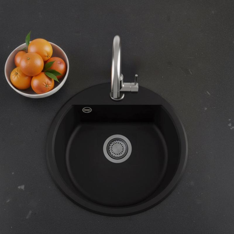 GraniteMy Bremen round granite sink 43 cm black, surface mounted and under mounted, with faucet hole bank and gun metal plug 1208971842