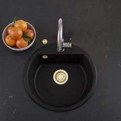 GraniteMy Bremen pyöreä graniittiallas 43 cm musta, päälle- ja alapuolinen asennus, hana-aukolla ja automaattisella kultaisella tulppa 1208971843