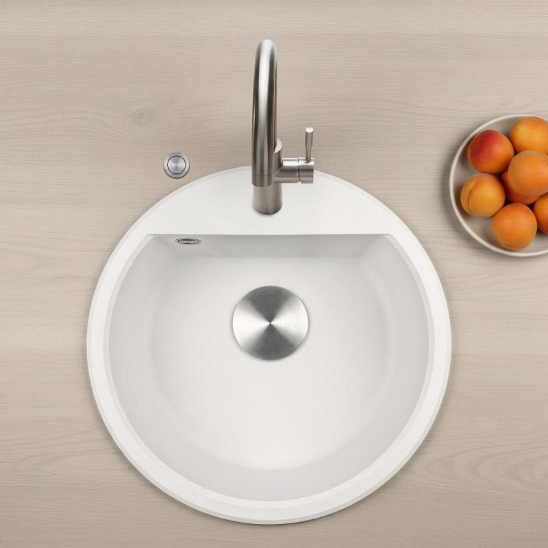 GraniteMy Bremen round granite sink 43 cm white, top-mount and under-mount, with faucet hole and automatic stainless steel plug 1208971845