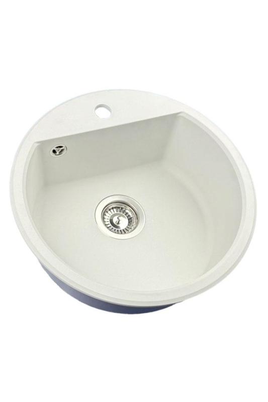 GraniteMy Bremen round granite sink 43 cm white, top-mount and under-mount, with faucet hole and automatic stainless steel plug 1208971845