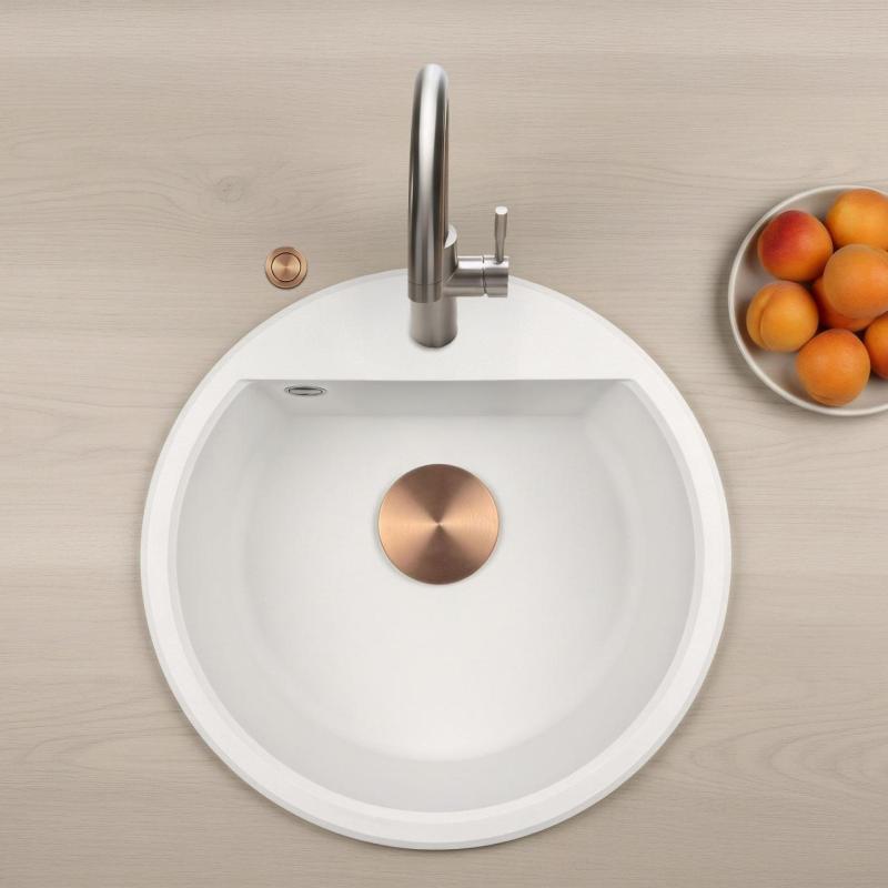 GraniteMy Bremen round granite sink 43 cm white, surface mounted and undermount, with faucet hole bench and automatic copper plug 1208971847