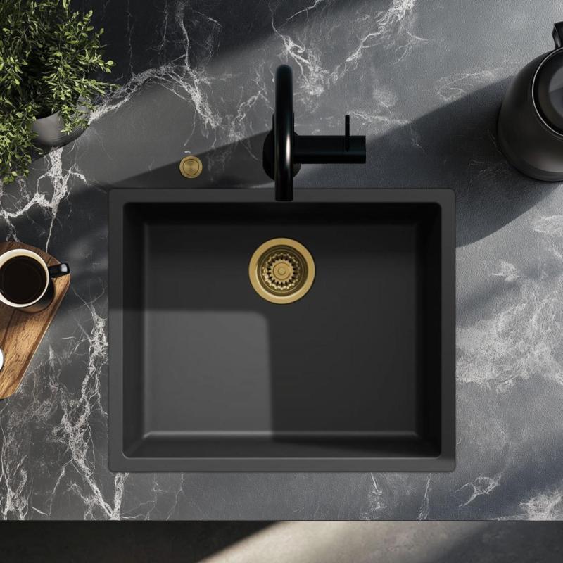 Ausmann Fibre black sink 50x40cm undermount, topmount and flushmount with automatic gold plug 1208971859