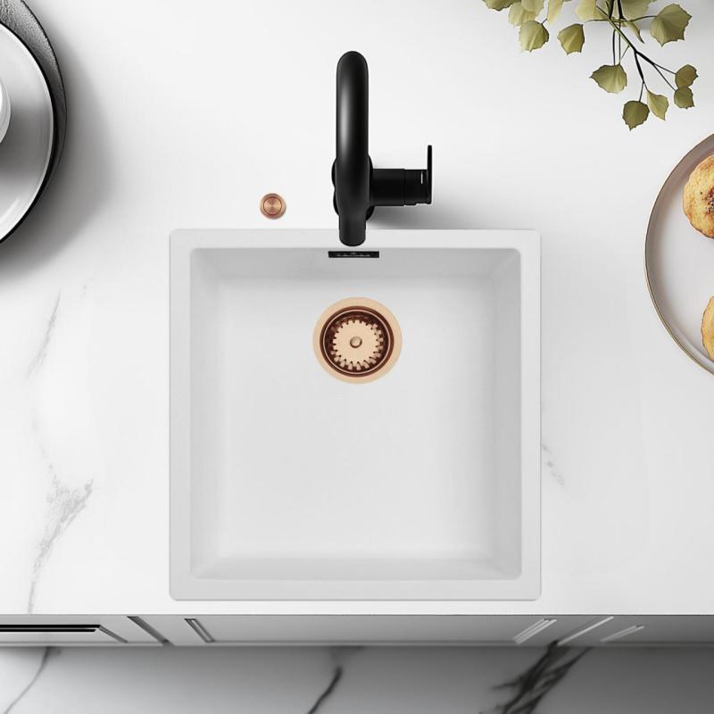 Ausmann Fibre white sink 40x40cm undermount, topmount and flush mount with automatic copper plug 1208971893