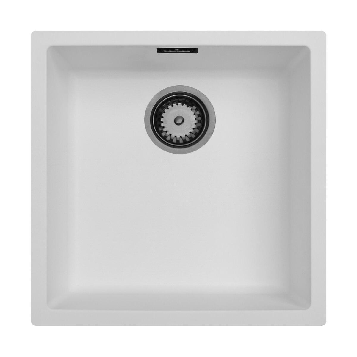 Ausmann Fibre valkoinen tiskiallas 40x40cm ala-, päälle- ja tasoon upotettava automaattisella gun metal -tulppalla 1208971895