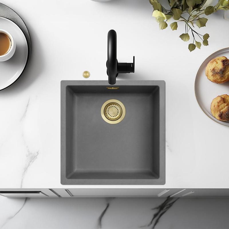 Ausmann Fiber concrete gray sink 40x40cm undermount, topmount and flush mount with automatic gold plug 1208971913