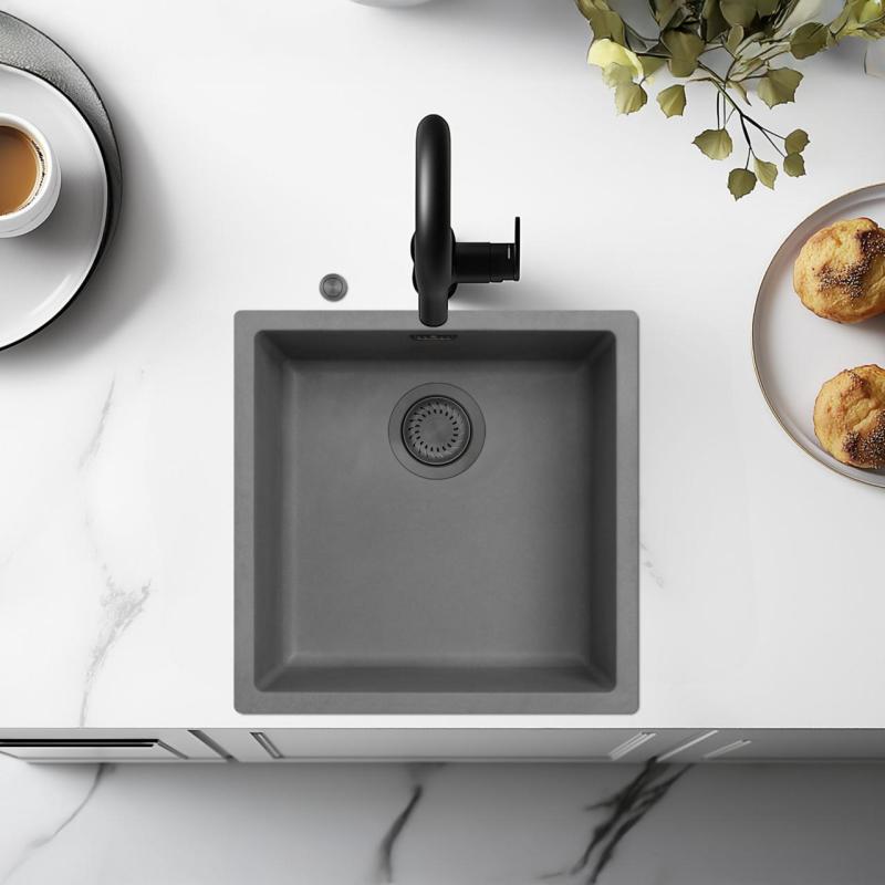 Ausmann Fiber concrete gray sink 40x40cm undermount, topmount and flush mount with automatic gun metal plug 1208971914