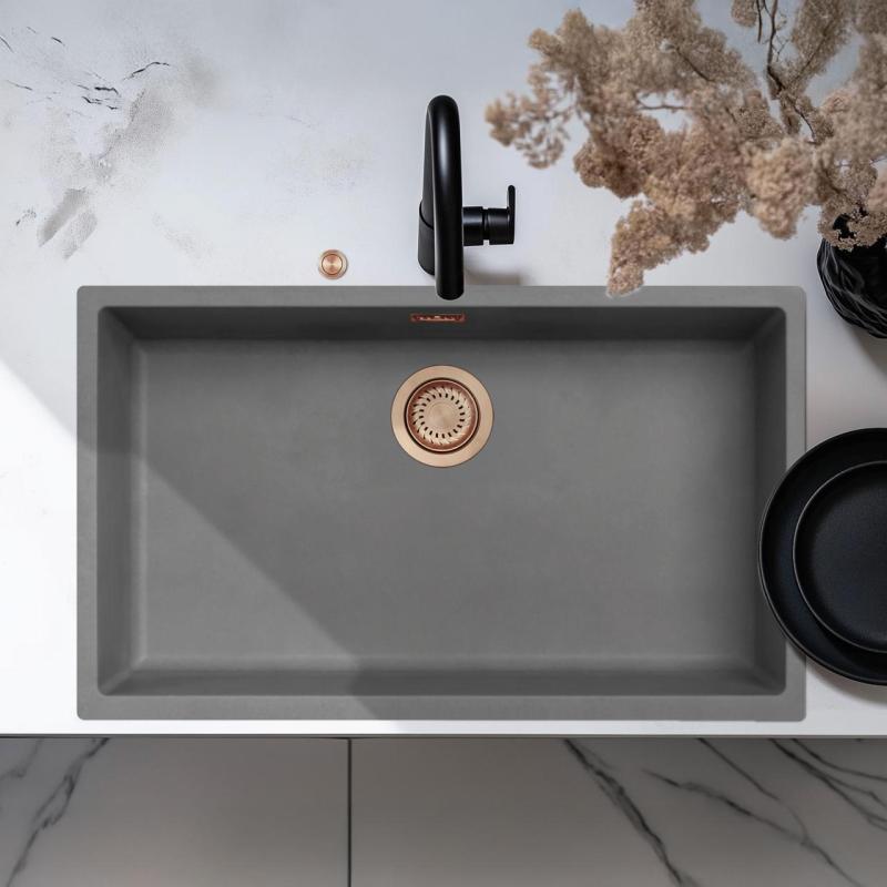 Ausmann Fiber concrete large grey sink 70x40cm undermount, top mount and flush mount with automatic copper plug 1208971922