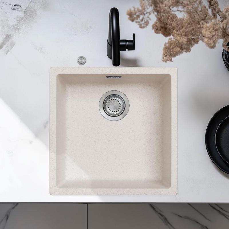 Ausmann Fibre sand white sink 40x40cm undermount, topmount and flush mount with automatic stainless steel plug 1208971925