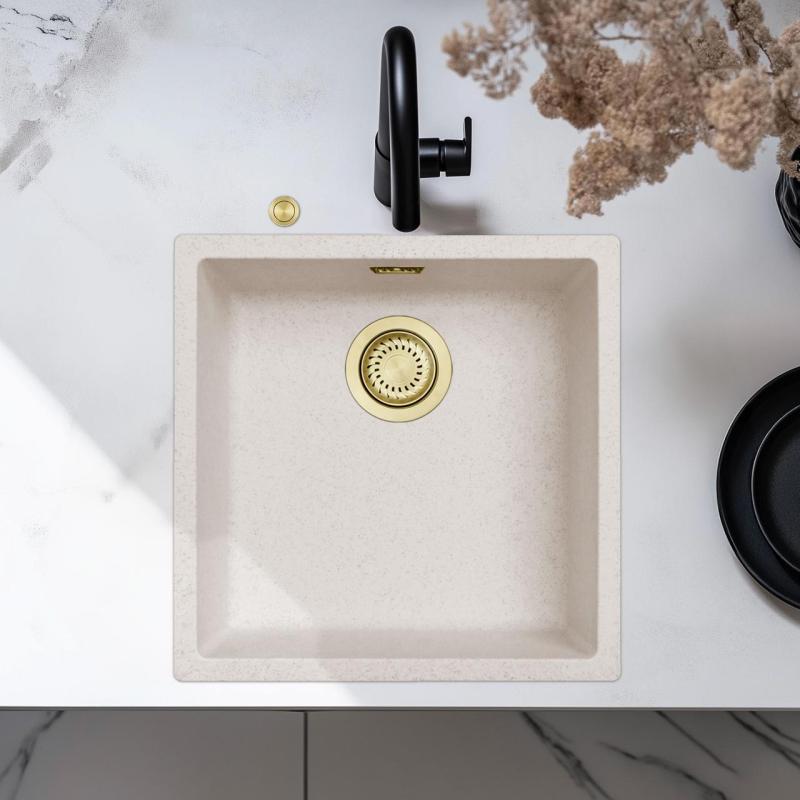 Ausmann Fibre sand white sink 40x40cm undermount, topmount and flush mount with automatic golden plug 1208971928