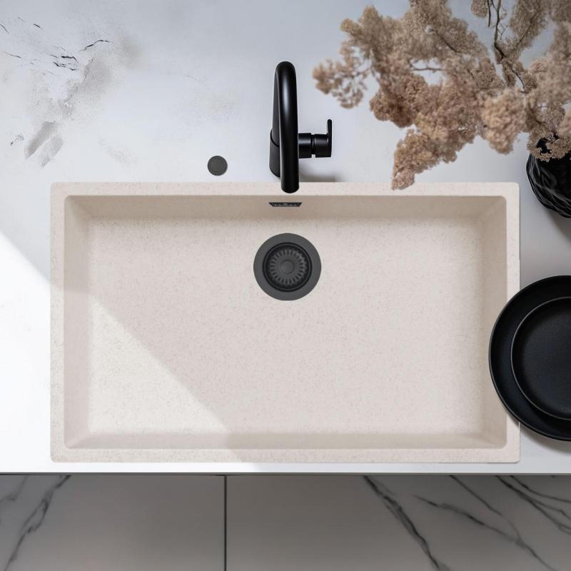 Ausmann Fibre white sand large sink 70x40cm built-under, built-on and flush-mount with automatic black plug 1208971936