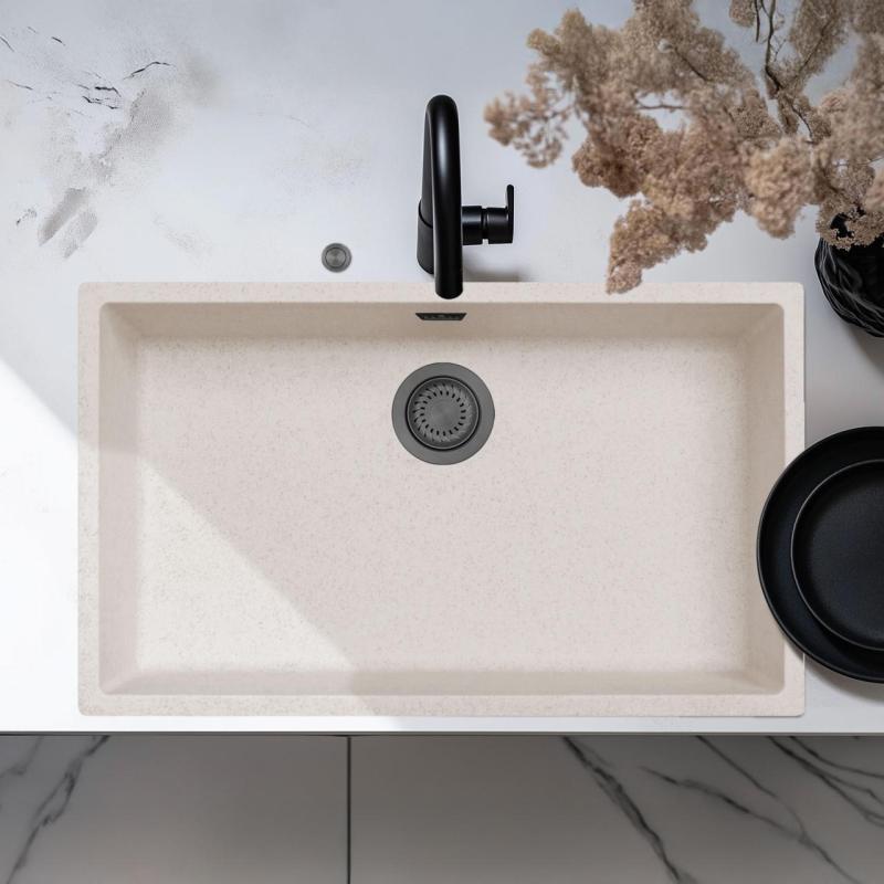 Ausmann Fibre sand white large sink 70x40cm undermount, topmount and flush mount with automatic gun metal plug 1208971939