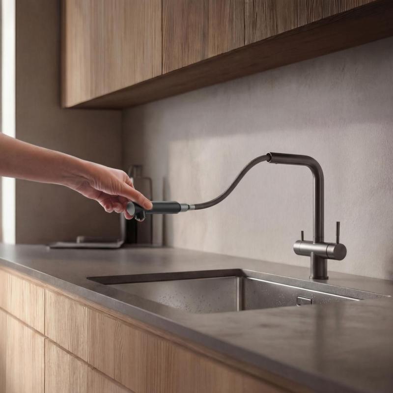 Pure.Sink Elite Steel Pulse-S kitchen faucet PVD gun metal with pull-out spout and spray mode PS8500-61