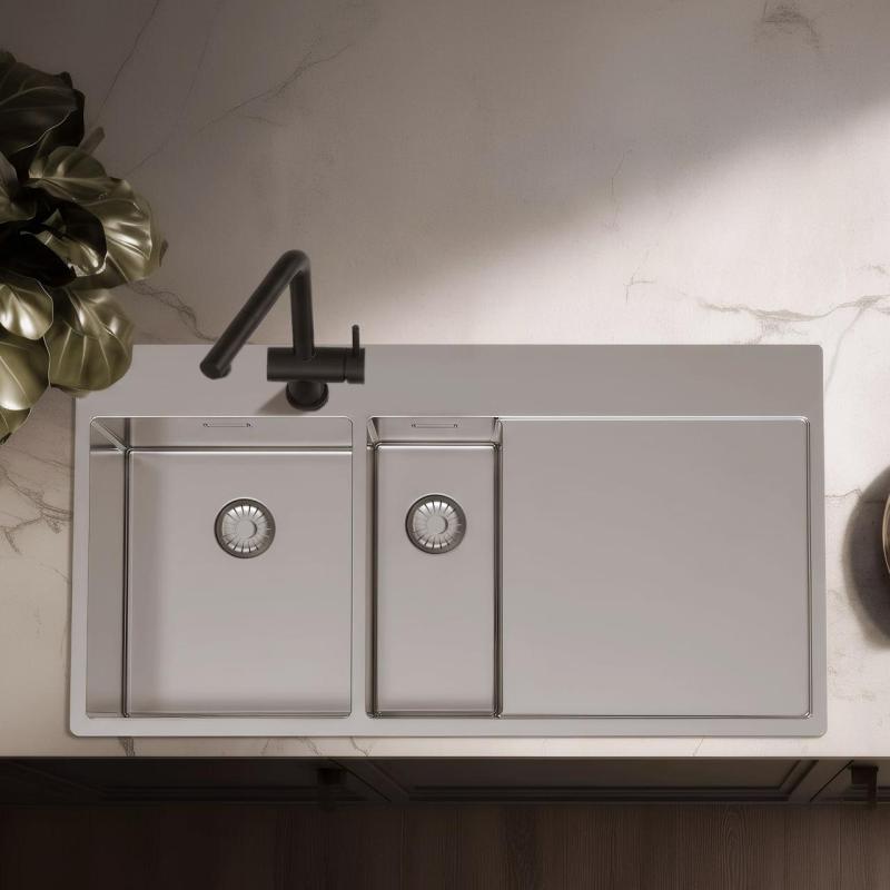 Pure.Sink Exclusivo Ruostumaton teräs 1,5  tiskialtaan ja tippualtaan 100x52 cm Hana vasemmalla PEX3418100LT-02