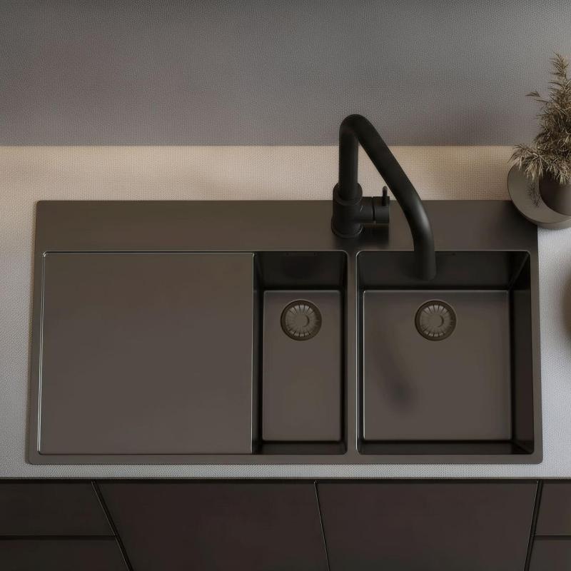 Pure.Sink Exclusivo Gun metal 1,5  pesuallas tippualtaalla 100x52 cm Hana oikealla PEX3418100RT-61