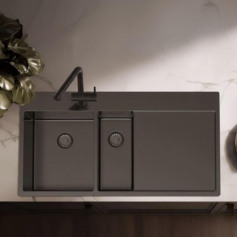 Pure.Sink Exclusivo Gun metal 1,5  pesuallas tippualtaalla 100x52 cm Hana vasemmalla PEX3418100LT-61