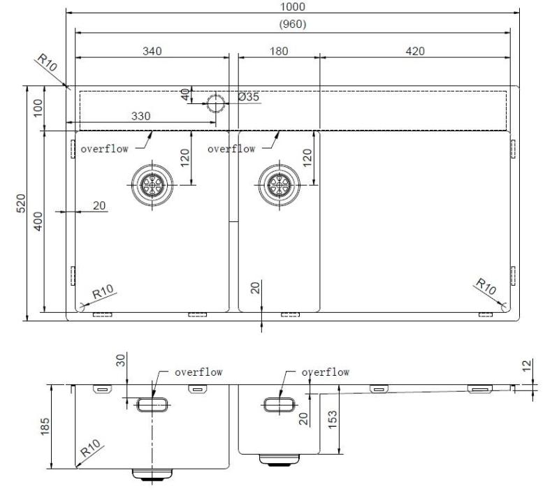 Pure.Sink Exclusivo Kupari 1,5  tiskialtaan ja tippualtaan 100x52 cm Hana vasemmalla PEX3418100LT-62