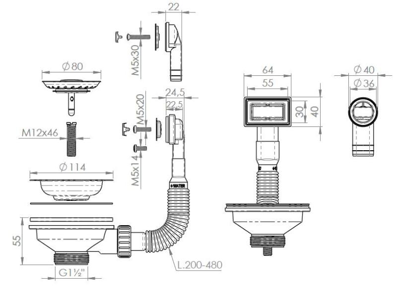 Pure.Sink Universal koripistokesarja Matta musta, viemärisarja pesuallas, sis. ylivuoto pyöreä ja suorakulmainen WSTMAN-31