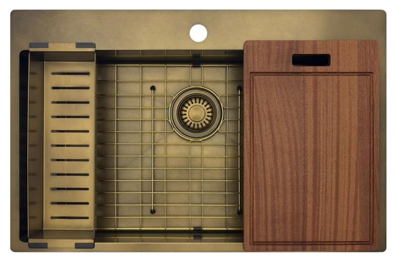 Pure.Sink Luxion Suuri PVD-antiikkipronssinen pesuallas 78x50 cm Tapwing, hanankolo ja pohjarakenne PLX7850T-64