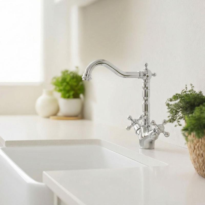 Aquanello Heritage Ascot Klassinen keittiö Nostalginen keittiöhanan kromi, kulmikas juoksuputki CR-4002-HA