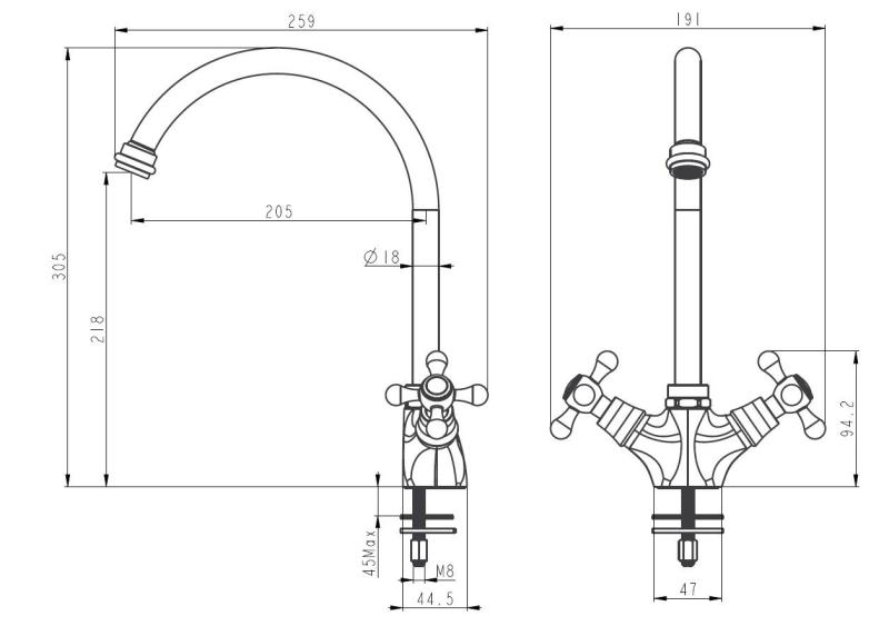 Aquanello Heritage Ascot Klassinen keittiö Nostalginen keittiöhanan ruostumaton teräs, pyöreä suutin NB-4003-HA