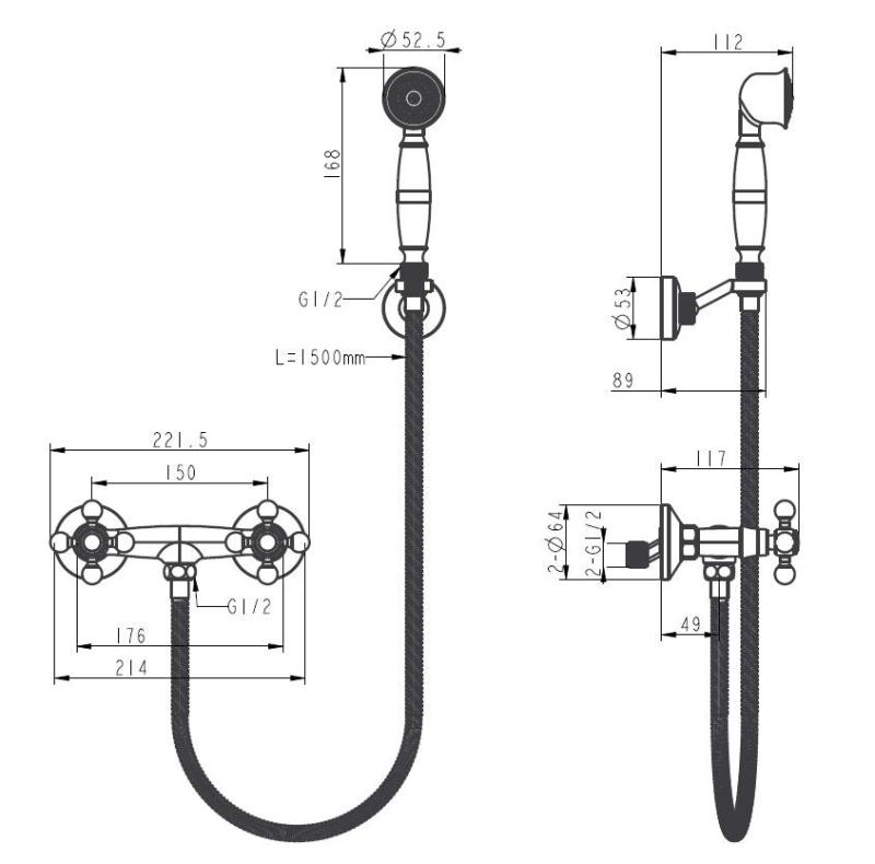 Aquanello Heritage Ascot Klassinen seinäasennettava suihkuhanasarja, pronssiset tähtikahvat, käsisuihku BN-2002-HA