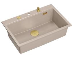 Quadri Hard Rock Beige graniittinen päälleasennettava suuri pesuallas 76 x 50 cm, mukana kultainen tulppa ja tarvikkeet 1208972701