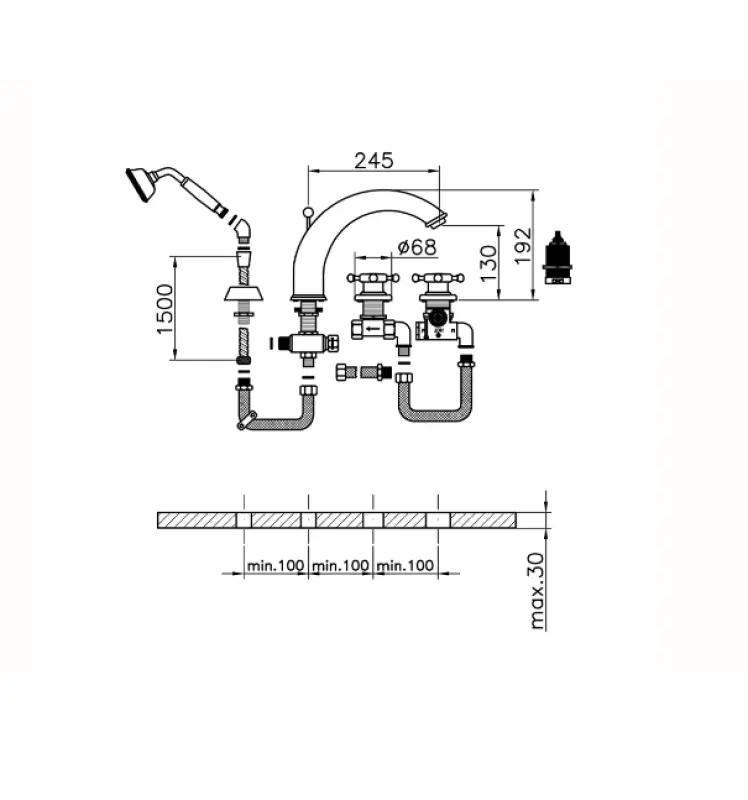 Huber Victorian 4-reikäinen termostaattinen kylpyhana suihkusetillä kromi VTT7601021