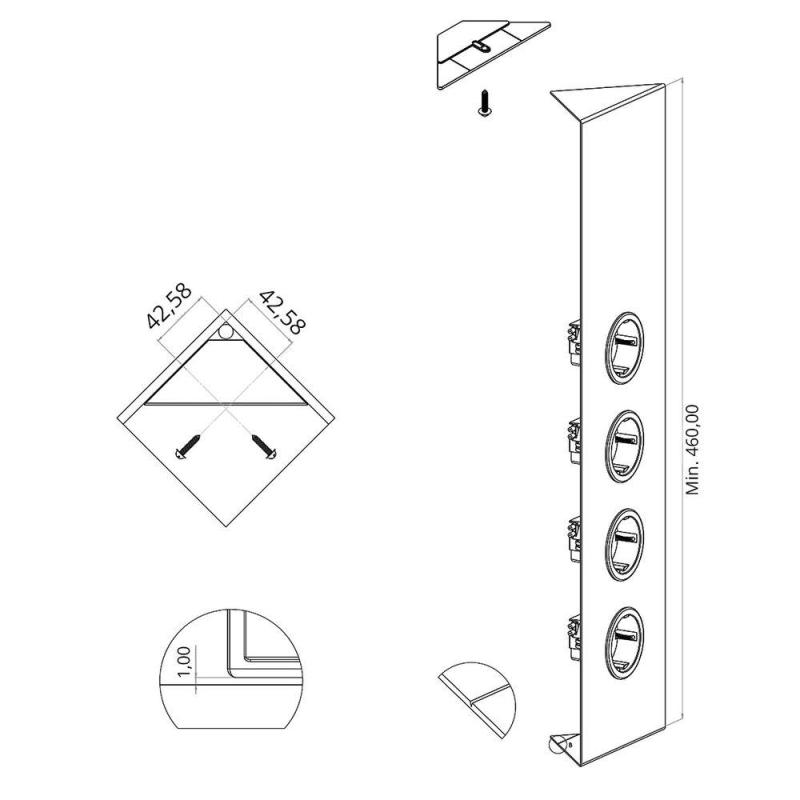 Indux Corner Еnergiezuil, jossa on 4 pistorasiaa, maadoitettu, ruostumaton teräs 756